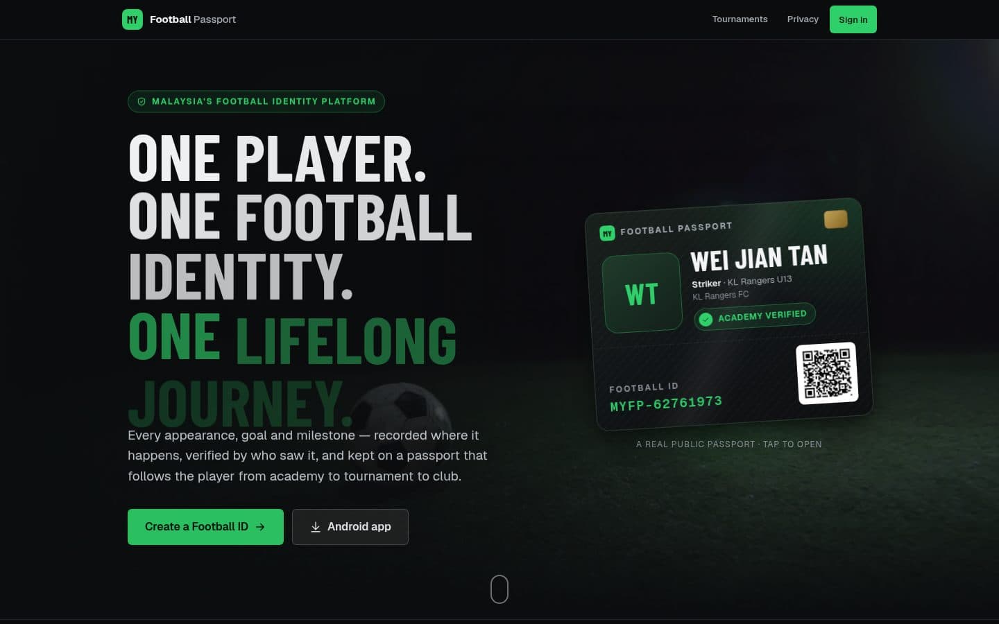 The MY Football Passport home page with a player's verified football passport card