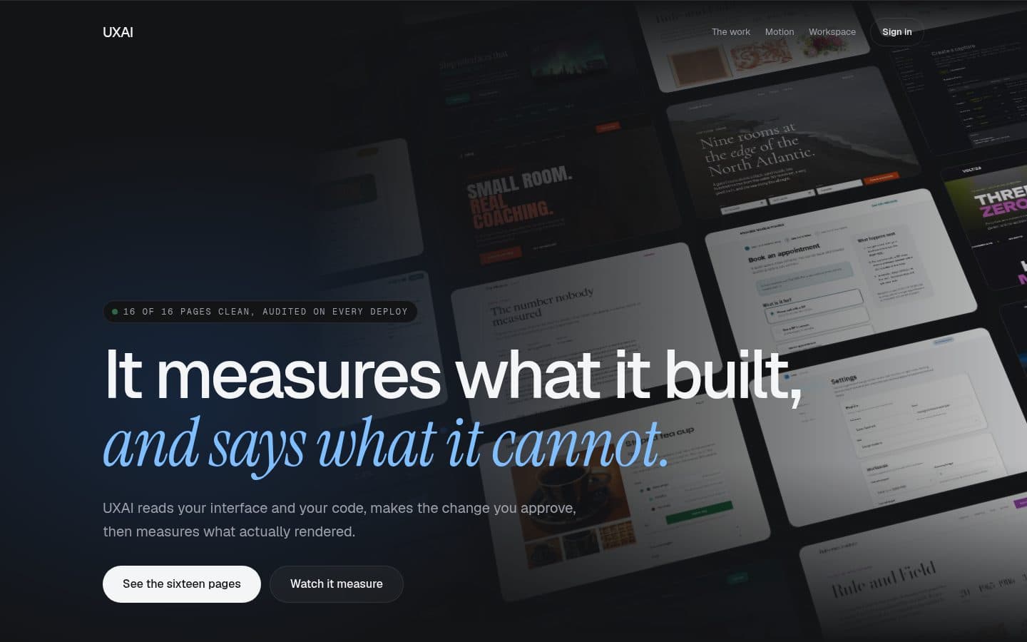 The UXAI landing page: a wall of audited sample sites behind the headline